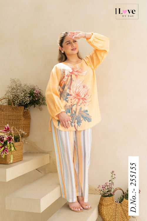 Light Yellow Floral  Printed Cotton Blend Co-Ord Sets 